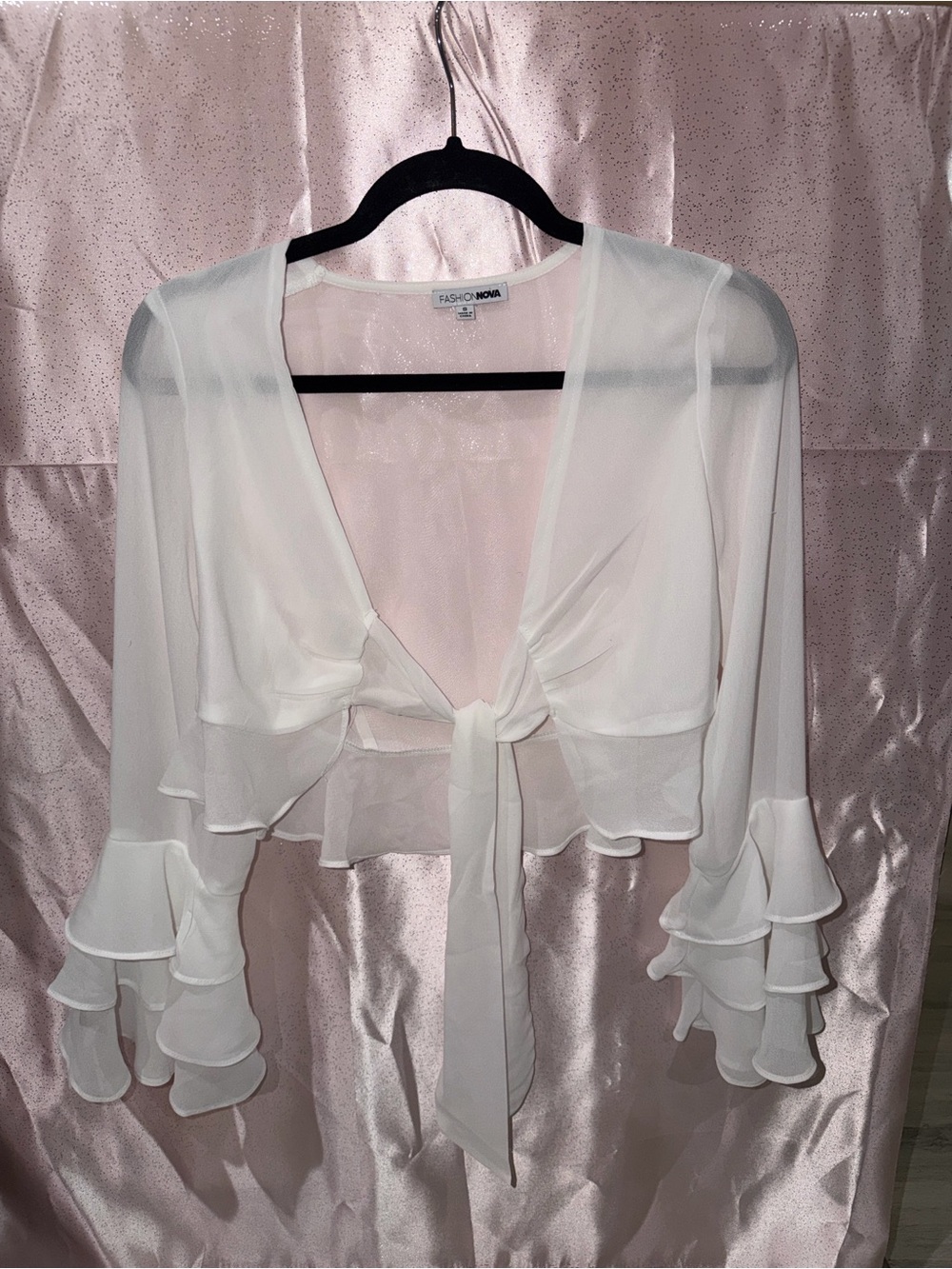 Fashion Nova White Tie-Front Ruffle Sleeve Crop Top